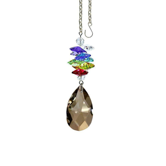 Golden Teak Almond Rainbow Maker Suncatcher with Colorful Swarovski Crystal Prism and Chrome Chain